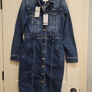 BayEas Dark Blue Denim Long Sleeve Button-Front Midi Dress